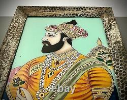Vieille Peinture En Verre Inversé Indien. Mughal Prince Avec Rose. Cadre Art Déco