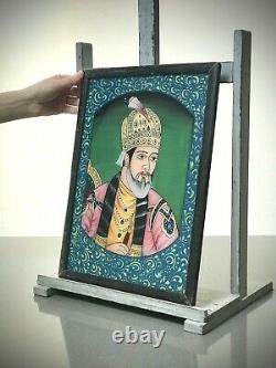 Vieille Peinture En Verre Inversé Indien. Prince Du Mughal, Très Fort Gilded