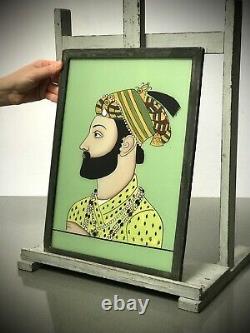 Vieille Peinture En Verre Inversé Indien. Prince Du Mughal, Très Fort Gilded