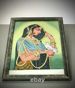 Vieille Peinture En Verre Inversé Indien. Princesse Mughal Avec Colombe. Grand Portrait