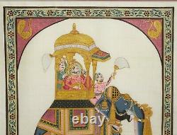 Vieille Peinture Indienne En Soie D'un Maharaja Sur Éléphant, Encadré Et Émaillé