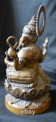 Vieux Bronze Seigneur Ganesha /ganesh Sur Lotus Fleur Statue 2.75 KG 11.5 Pouces
