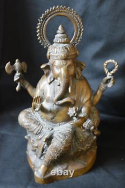 Vieux Bronze Seigneur Ganesha /ganesh Sur Lotus Fleur Statue 2.75 KG 11.5 Pouces