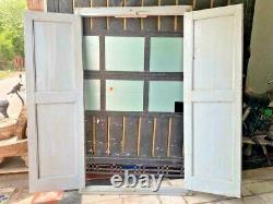 Vieux Vintage Rare Main Faite Solide En Bois Deux Panneaux Porte Fenêtre / Porte Avec Cadre