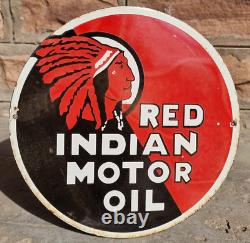 Vintage Ancien Rare Rouge Huile de Moteur Indien Avancée. Émail Porcelaine