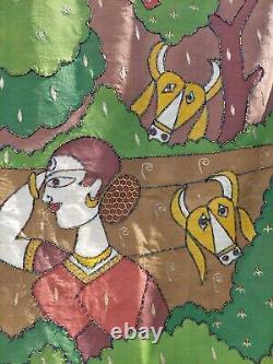 Vintage Antique Indien Multicolore Silk Cotton Mughal Peint À La Main Sari Saree