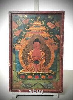 Vintage Bouddhiste Thangka. Tibet. Inde. Népal. Icône Religieuse Sur Le Bois. Plus Grande