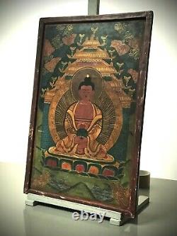 Vintage Bouddhiste Thangka. Tibet. Inde. Népal. Icône Religieuse Sur Le Bois. Plus Grande