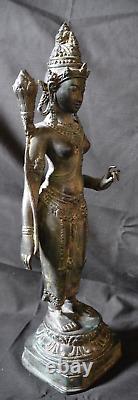 Vintage Bronze Dewi Sri Lakshmi, Riz Plant Hindhu Déesse Statue 18.5 Pouces