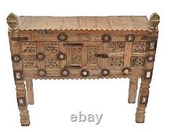Vintage Fortement Sculpté Indien Damchiya Mariage Poitrine Buffet Console Table