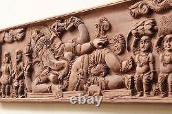 Vintage Hindu Dieu Ganesha Panneau Mural Sculpture Main Sculptée En Bois Indien Diététique