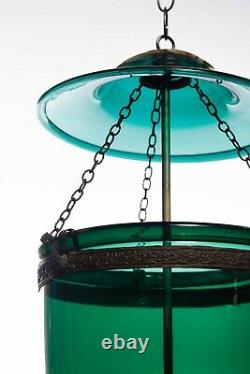 Vintage Indian Large Green Glass Bell Jar Pendentif Light