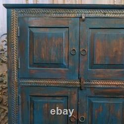 Vintage Indian Painted Hardwood Teal Blue Rustic Armoire Sideboard Unit