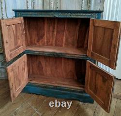Vintage Indian Painted Hardwood Teal Blue Rustic Armoire Sideboard Unit