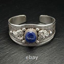Vintage Indien Argent Filigre & Lapis Lazuli Bangle Bracelet & Narasmha Lions
