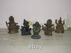 Vintage Laiton Ganesha Jouer Flûte Art Religieux Vinayaka Statue Ensemble De 5 Hk321