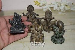 Vintage Laiton Ganesha Jouer Flûte Art Religieux Vinayaka Statue Ensemble De 5 Hk321