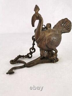 Vintage Mughal Inde Bronze En Laiton Peacock Bird Suspension Huile Lampe