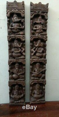 Vintage Musical Ganesh Set Mur En Bois Panneau Vertical Dieu Hindou Panneau Sculpture