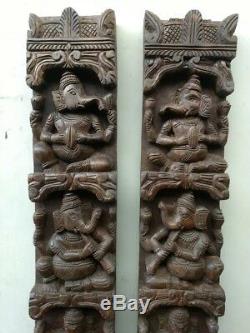 Vintage Musical Ganesh Set Mur En Bois Panneau Vertical Dieu Hindou Panneau Sculpture