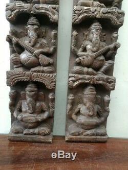 Vintage Musical Ganesh Set Mur Vertical Panneau Sculpture En Bois Dieu Hindou Rare