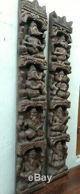 Vintage Musical Ganesh Set Mur Vertical Panneau Sculpture En Bois Dieu Hindou Rare