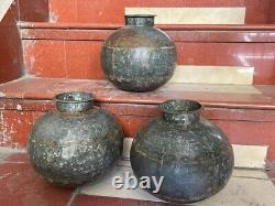 Vintage RARE Fait main 3 Pc Pot d'eau en fer rustique indien Matka / Vase / Jar