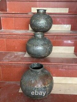 Vintage RARE Fait main 3 Pc Pot d'eau en fer rustique indien Matka / Vase / Jar