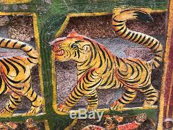 Vintage Steel Panneau Jali Indien Mur Peint Elephant Tiger Cheval Suspendu Un Art