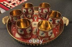 Vtg Poignée Brass Tray Beakers Coupes Gilt Rouge Blanc Enamel Islamic Indian Kashmir