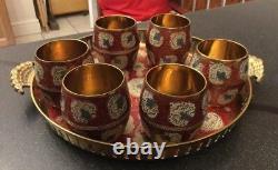 Vtg Poignée Brass Tray Beakers Coupes Gilt Rouge Blanc Enamel Islamic Indian Kashmir